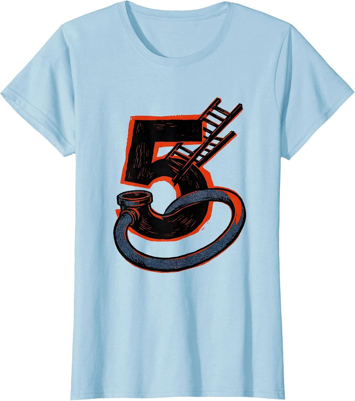 Five Fire Truck Linocut Toddler Firefighter Birthday T-Shirt - Baby Blue