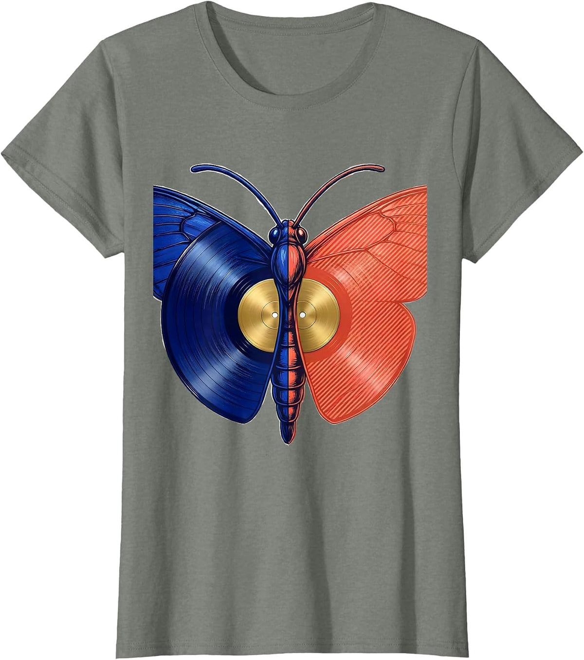 Moth Vinyl Record Wings Rock Music Graphic Tee T-Shirt - Olive Heather