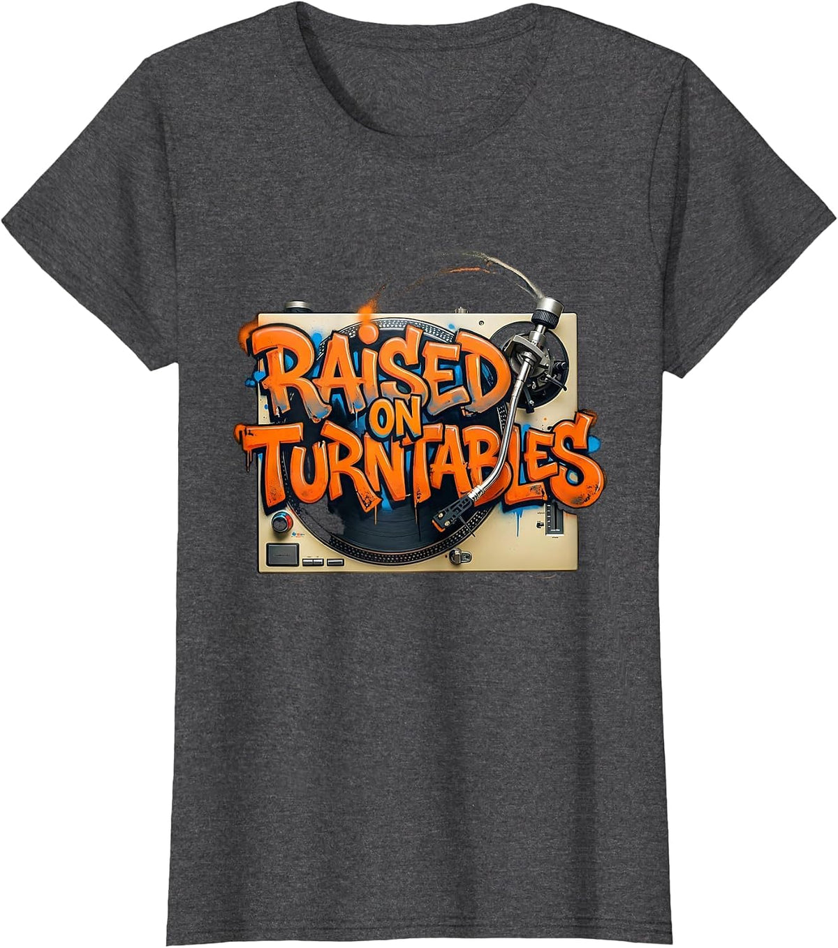 Women's Raised On Turntables Graffiti 90s Hip-Hop Rap Lyric T-Shirt - Dark Heather Grey
