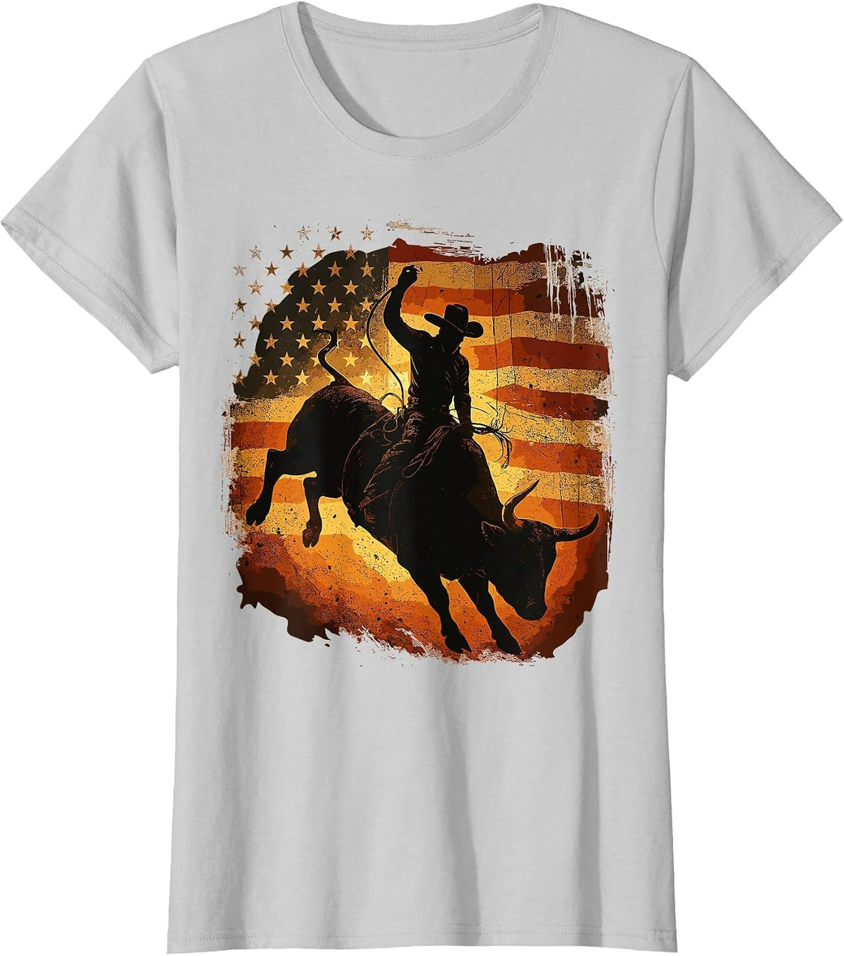 Cowboys American Flag Rodeo Rider Bull Patriotic T-Shirt - Silver Grey