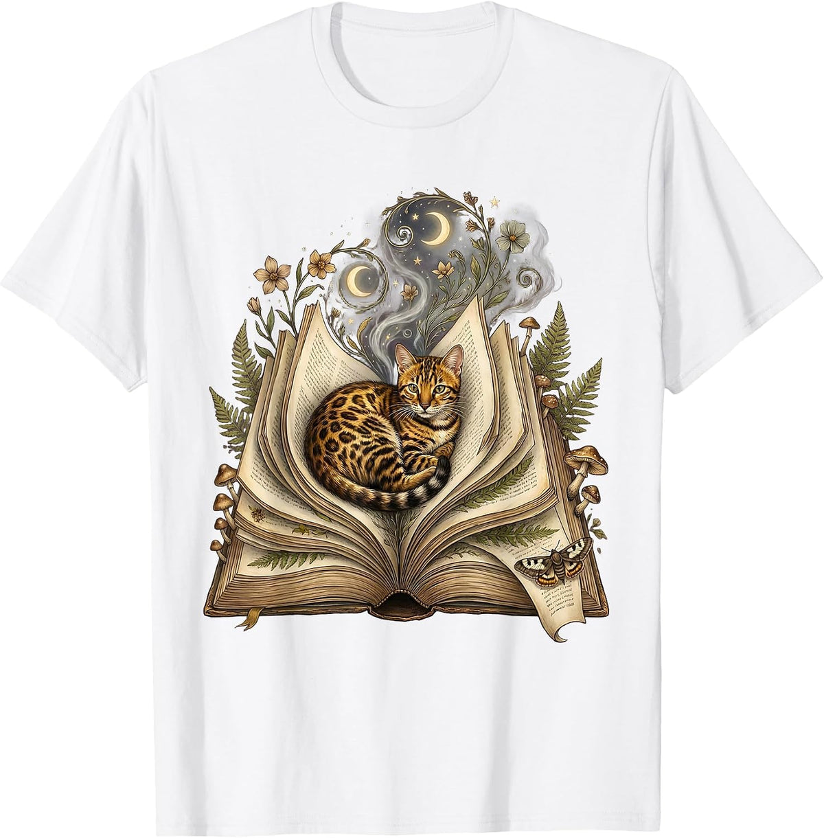 Bengal Cat Reading Magic Book Lover Gift T-Shirt - White