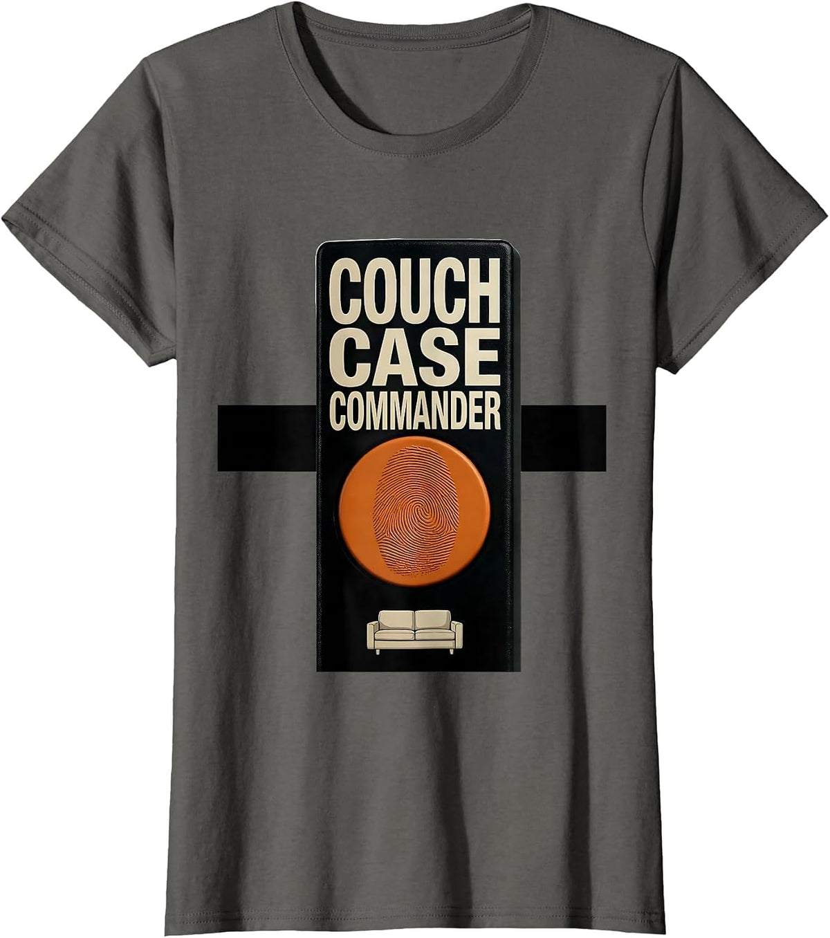 Women's Couch Case Commander Brutalist True Crime Fan Humor T-Shirt - Asphalt Grey