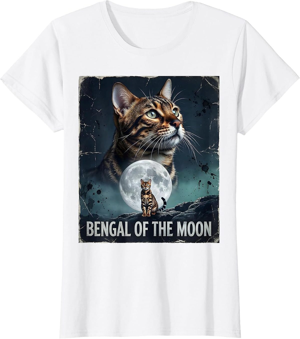 Bengal Of The Moon Distressed Funny Cat Lover Retro 90s T-Shirt - White