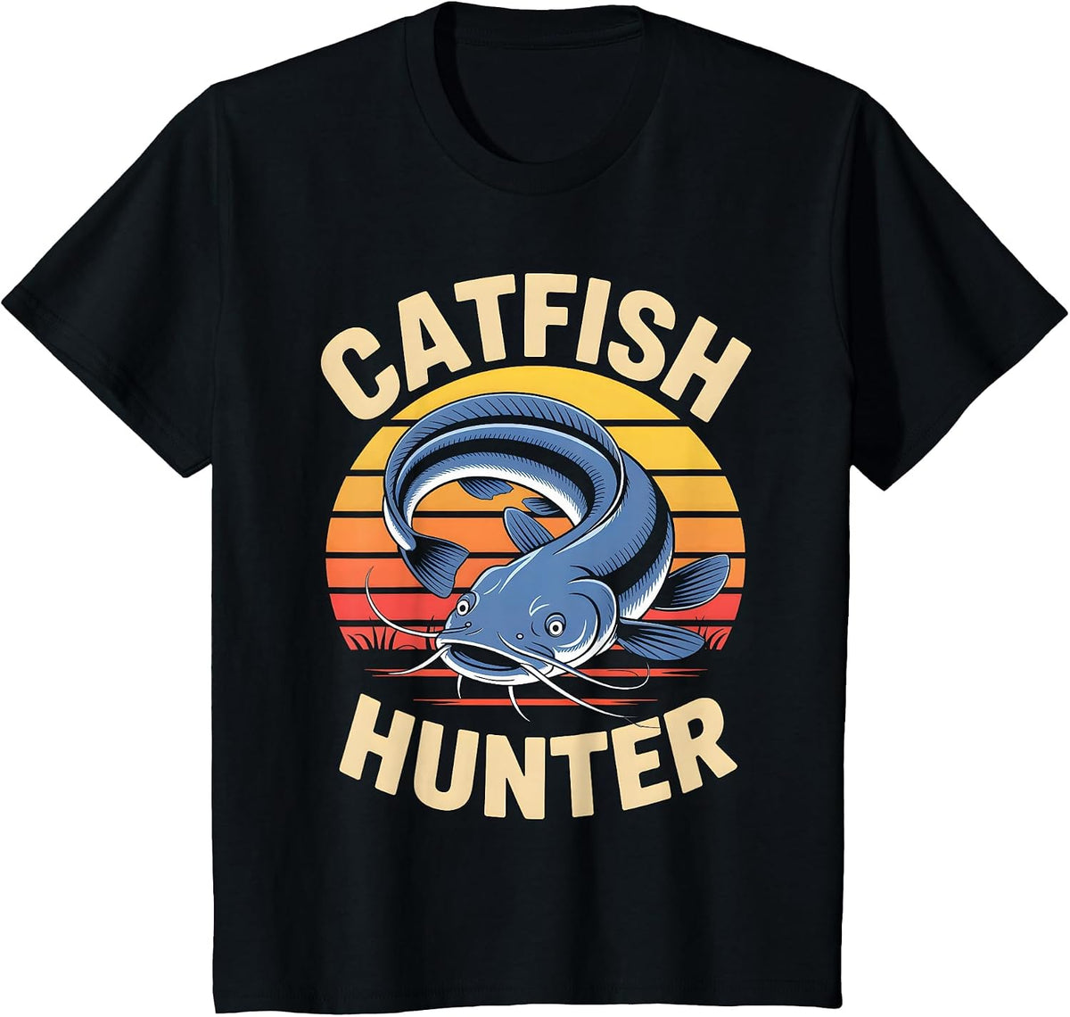 Catfish Hunter Retro Sunset Fishing T-Shirt - Black