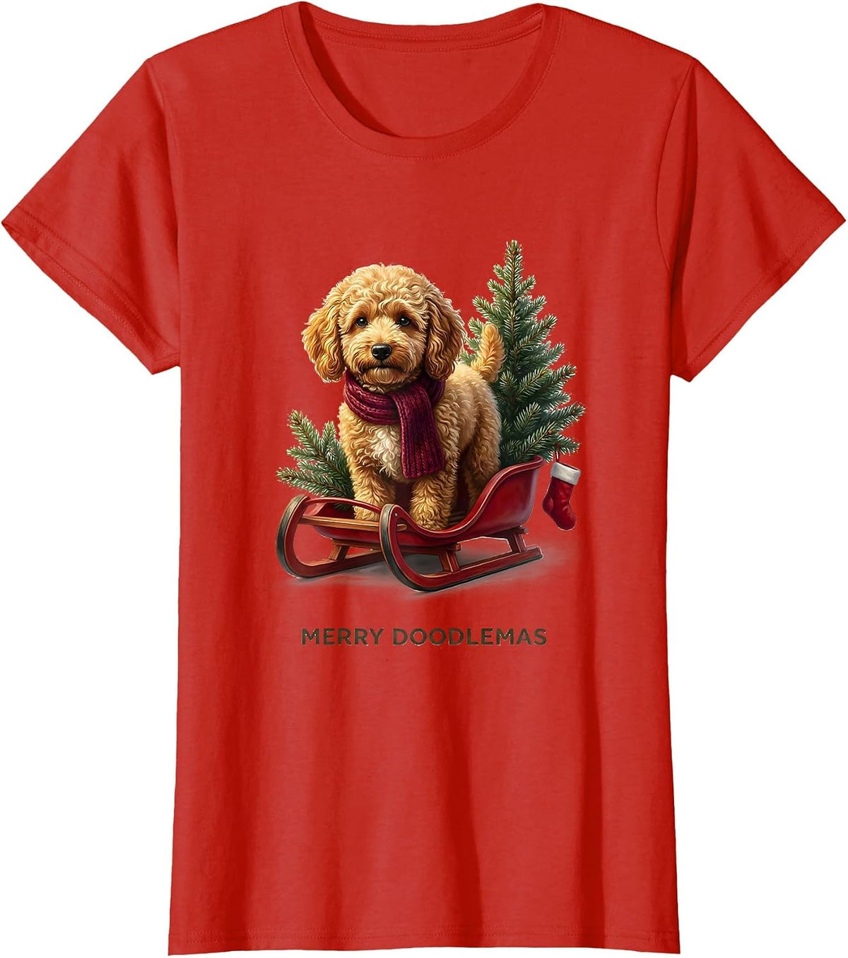 Merry Doodlemas Fluffy Goldendoodle Holiday Pajama Gift T-Shirt - Red