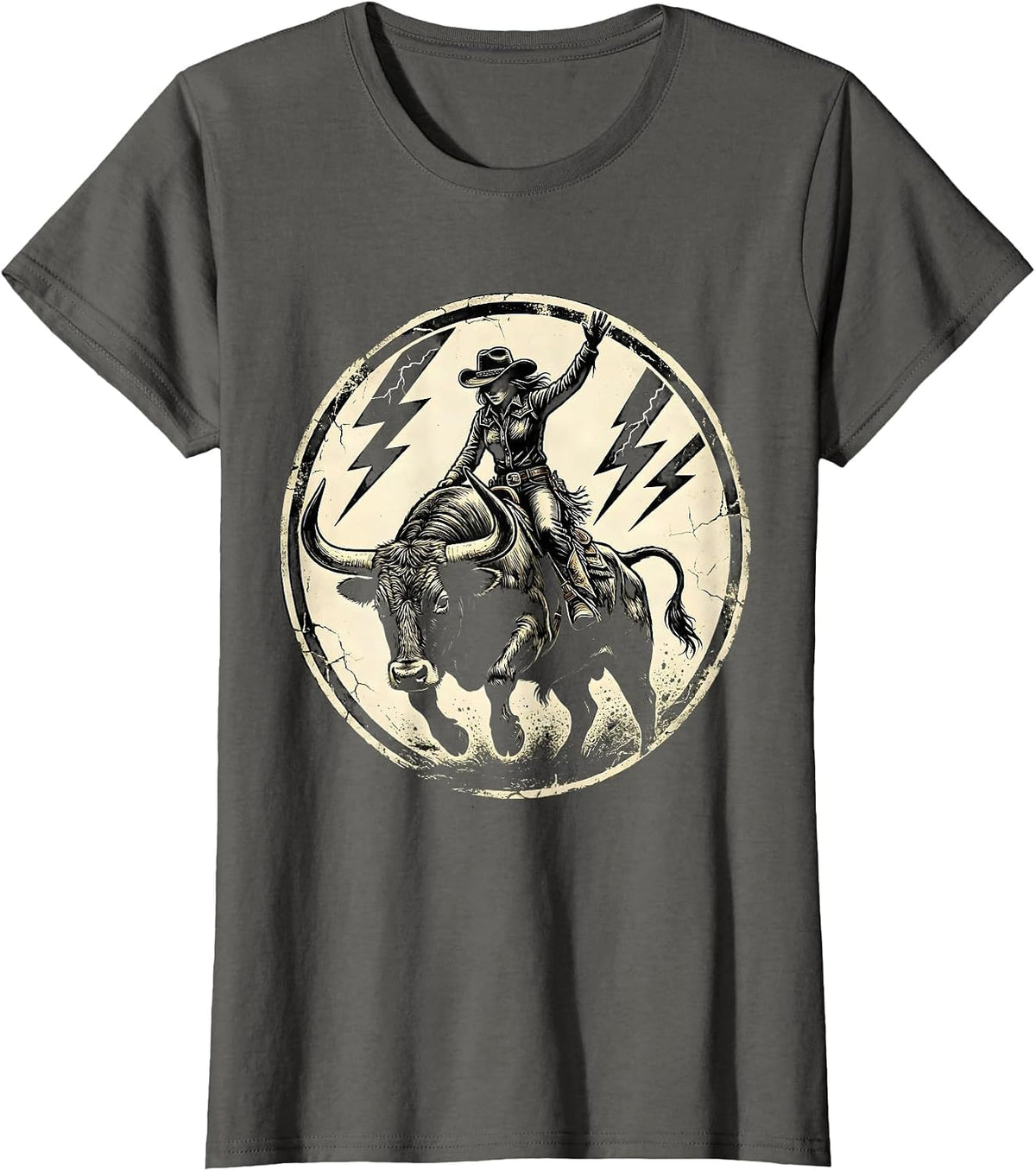 Women's Cowgirl Riding Bull Through Lightning Storm T-Shirt - Asphalt Grey