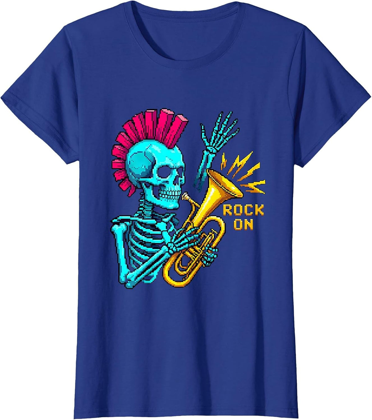 Women's Rock On Punk Skeleton Skull Halloween Music Humor T-Shirt - Royal Blue