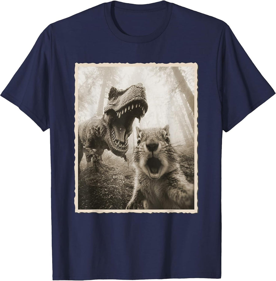 Squirrel Selfie with Dinosaur, Funny Tyrannosaurus Rex Photo T-Shirt - Navy Blue