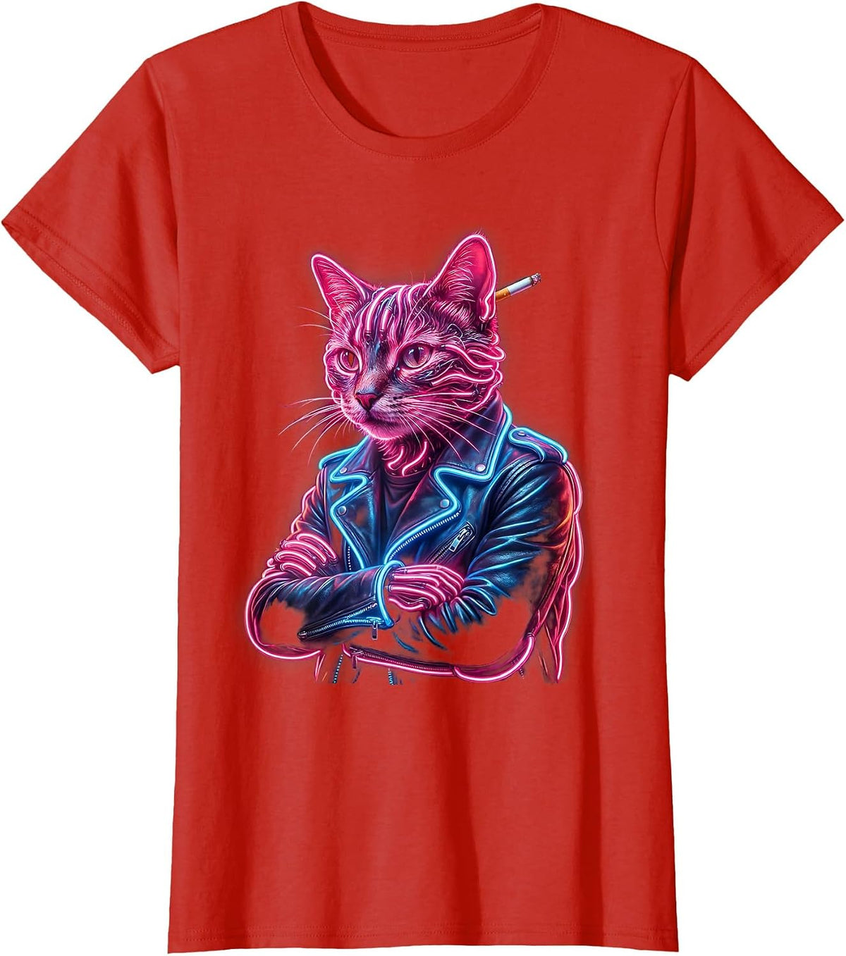 Cool Cat in Leather Jacket Graphic Tee T-Shirt - Red