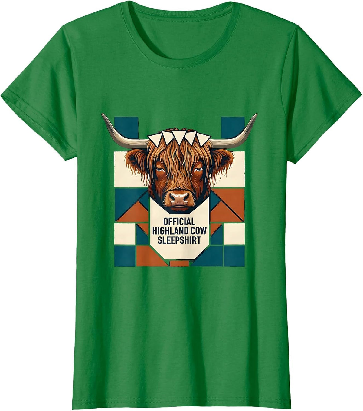 Women's Official Highland Cow Sleepshirt Cozy Quilt Block Patchwork T-Shirt - Kelly Green