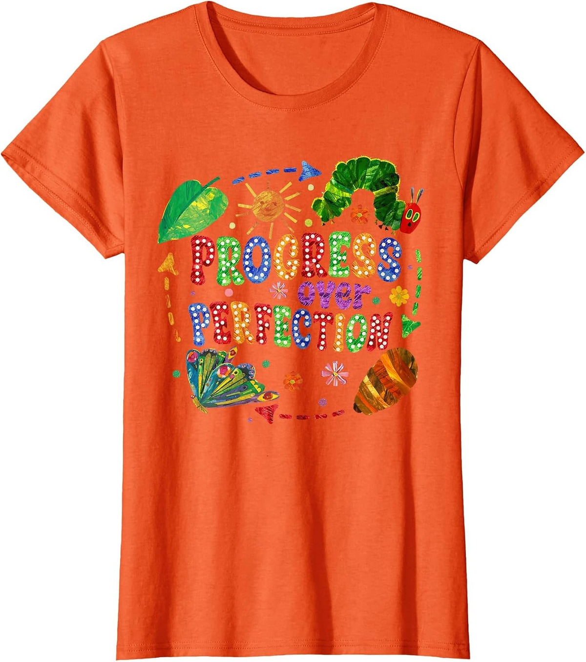 Progress Over Perfection Caterpillar Back to School Teachers T-Shirt - Orange