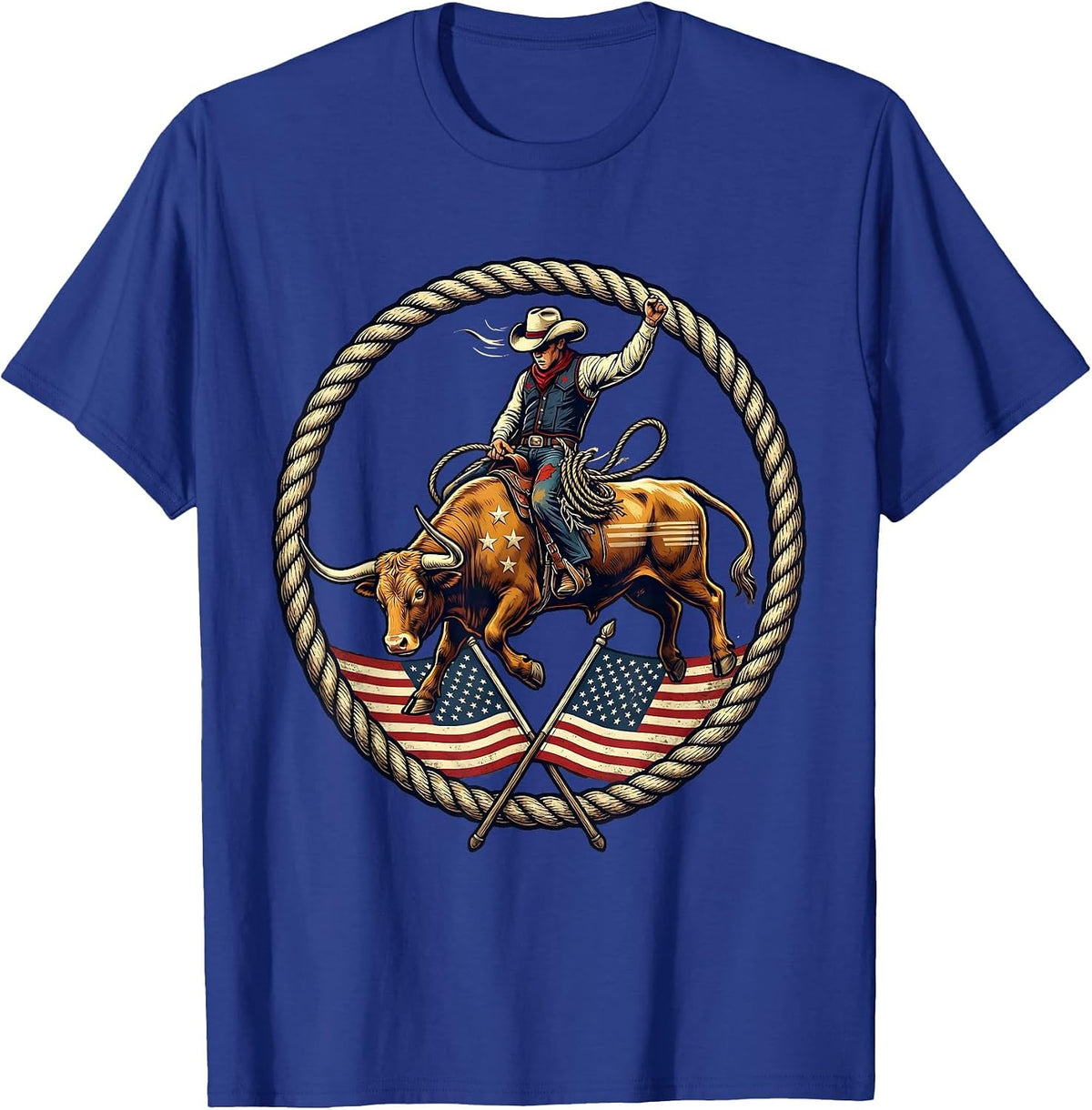 Men's Bull Rider Gripping Rope Mid-Buck Western Graphic T-Shirt - Royal Blue