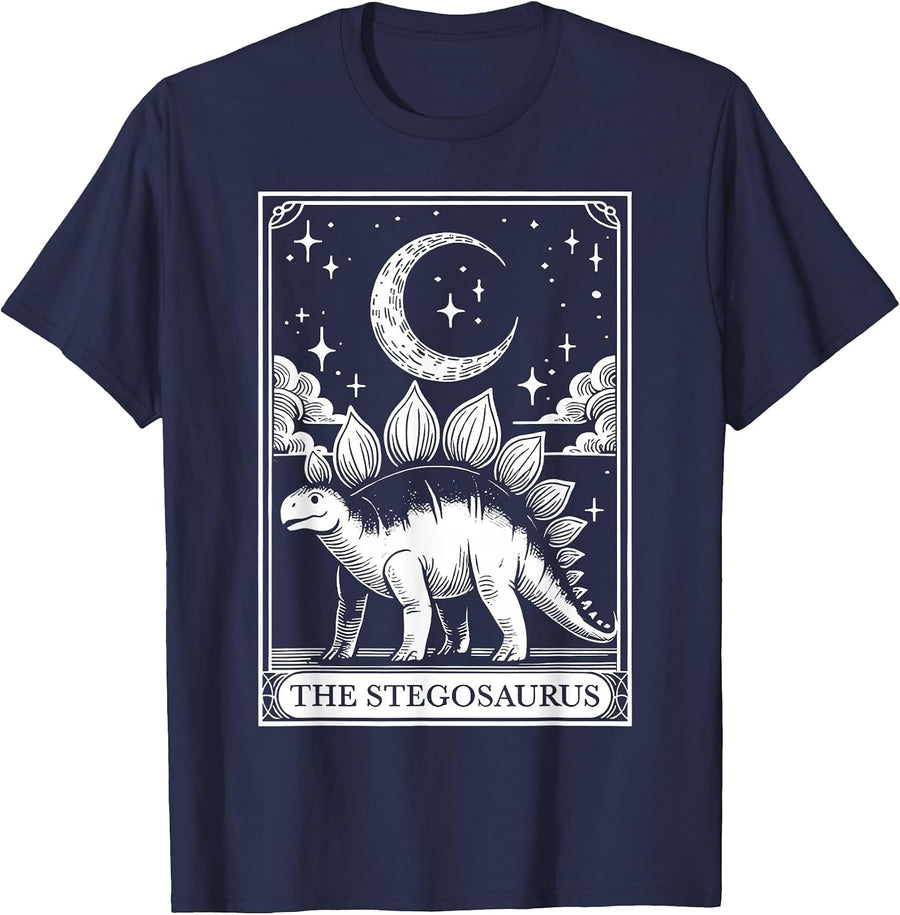 Funny Stegosaurus Dinosaur Tarot Card Dino Lover Witch Vibes T-Shirt - Navy Blue