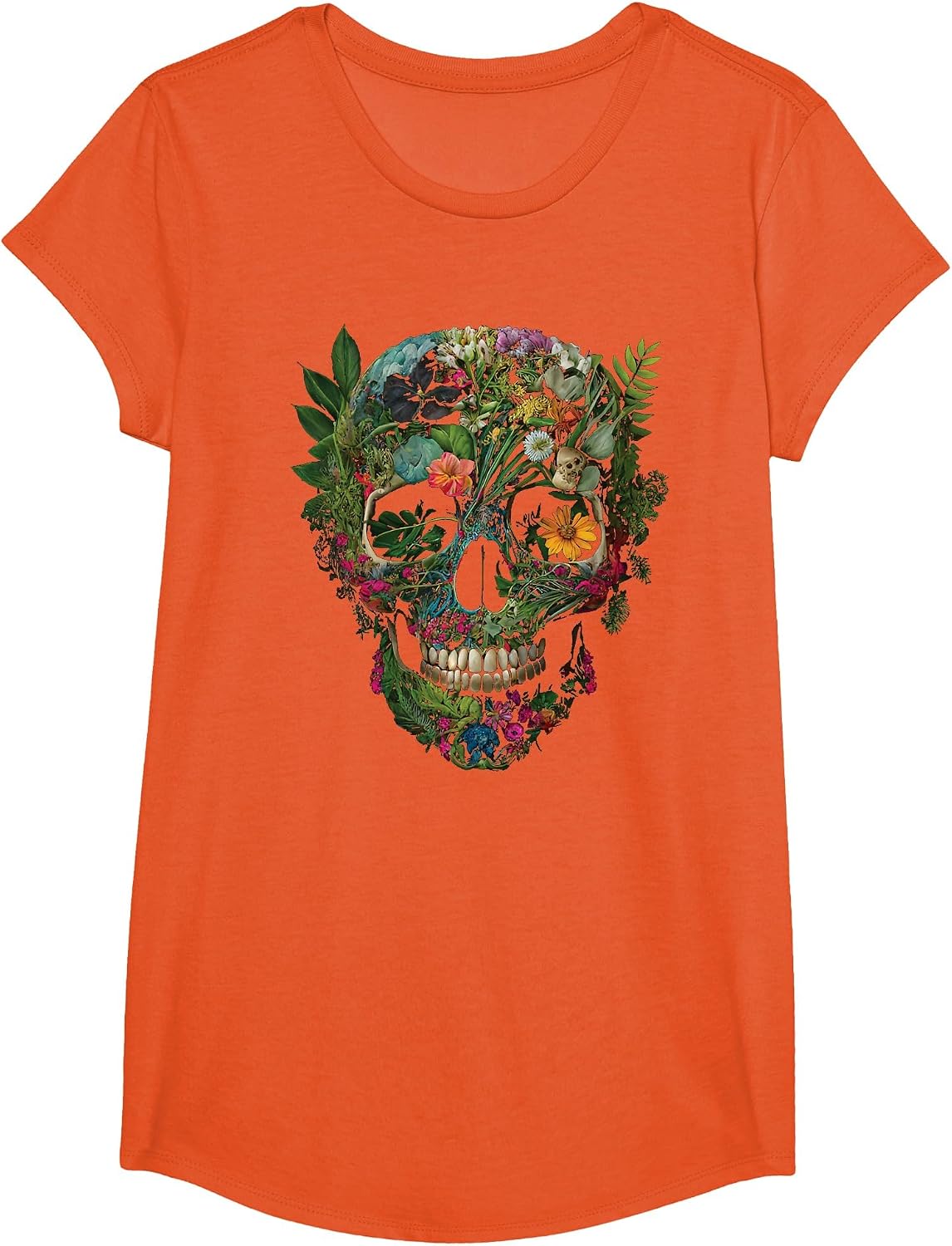 Haunted Botanical Garden Human Skull with Flowers and Plants T-Shirt - Girls Orange