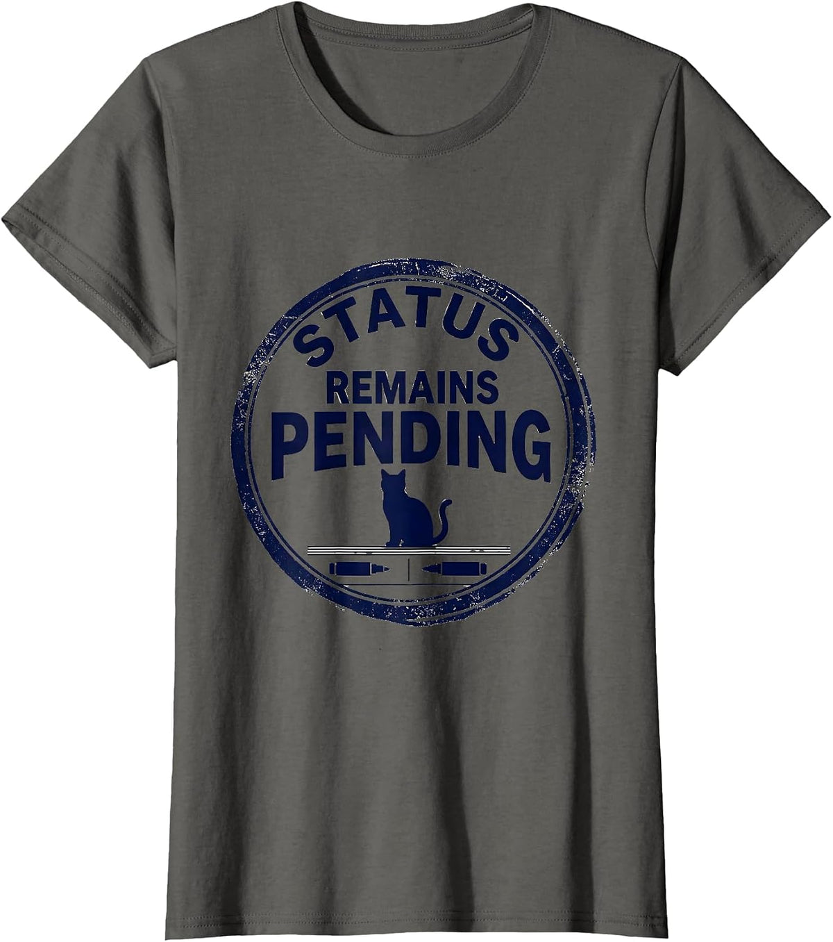 Women's Status Remains Pending Rubber Stamp Physics Nerd Cat Humor T-Shirt - Asphalt Grey