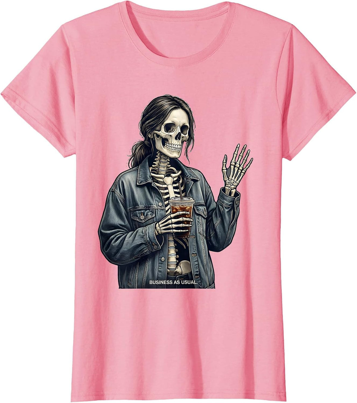 Women's Business As Usual Funny Skeleton Coffee Drinking Halloween T-Shirt - Pink