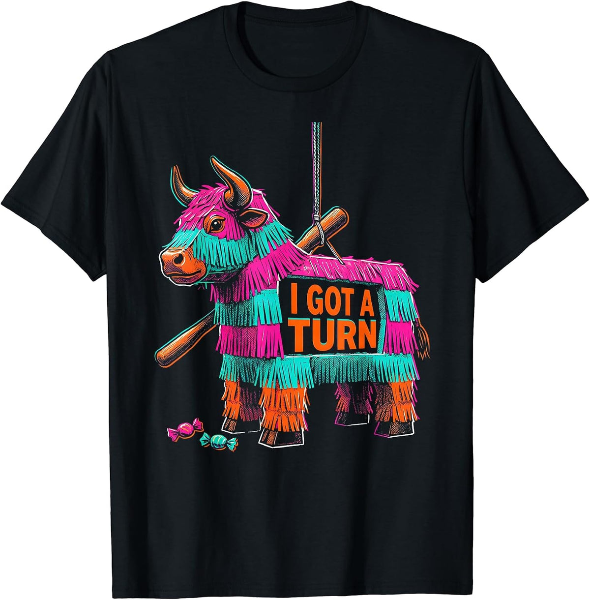 Men's I Got A Turn Risograph Bull Piñata Cinco De Mayo Party T-Shirt - Black