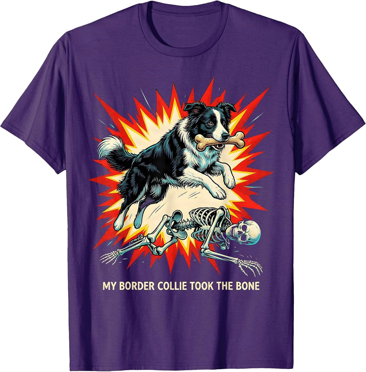 Men's My Border Collie Took the Bone Funny Skeleton Chasing Dog T-Shirt - Purple