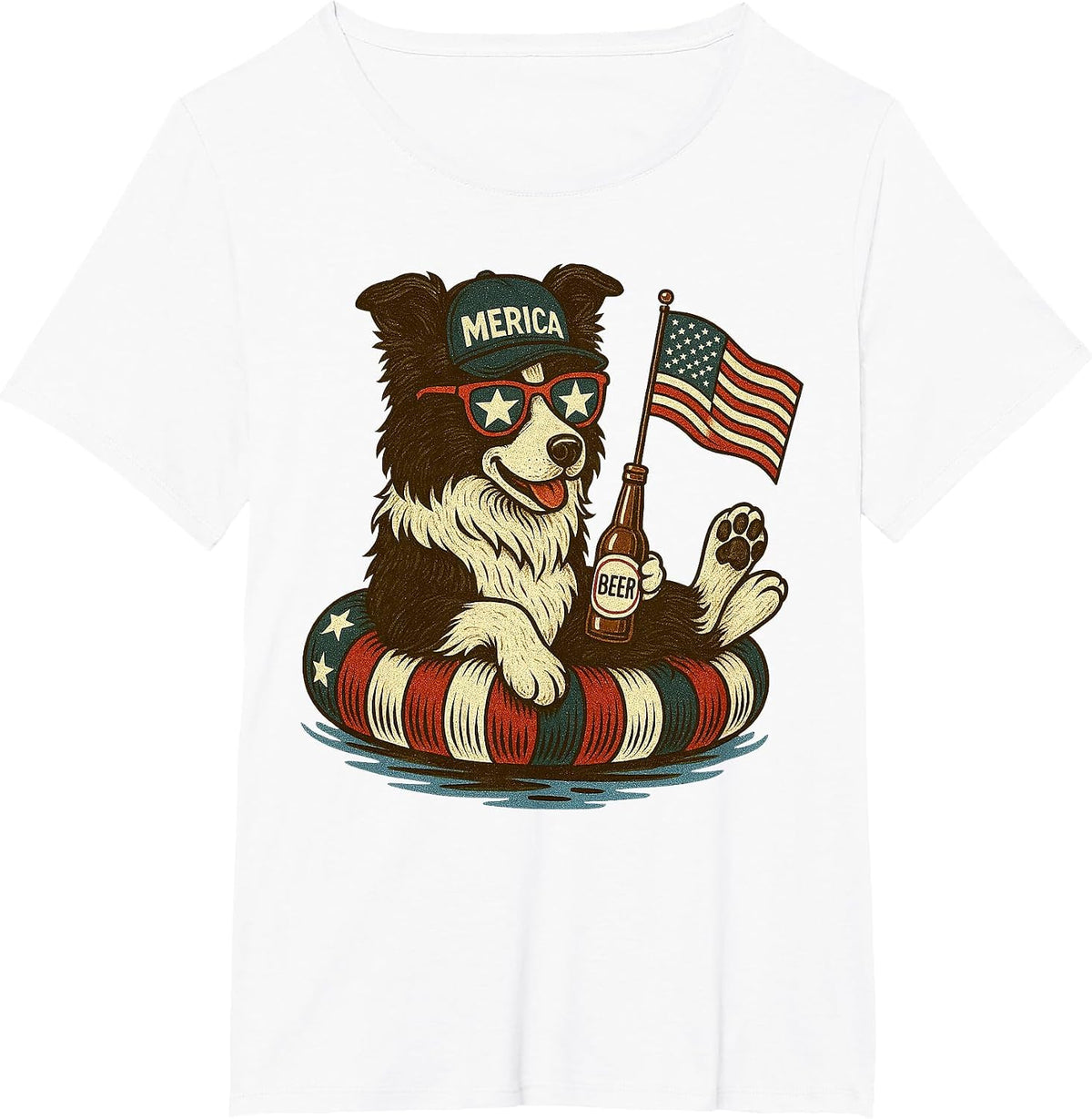 Border Collie America Flag Patriotic Boxer Dog Lover 4th of T-Shirt - White