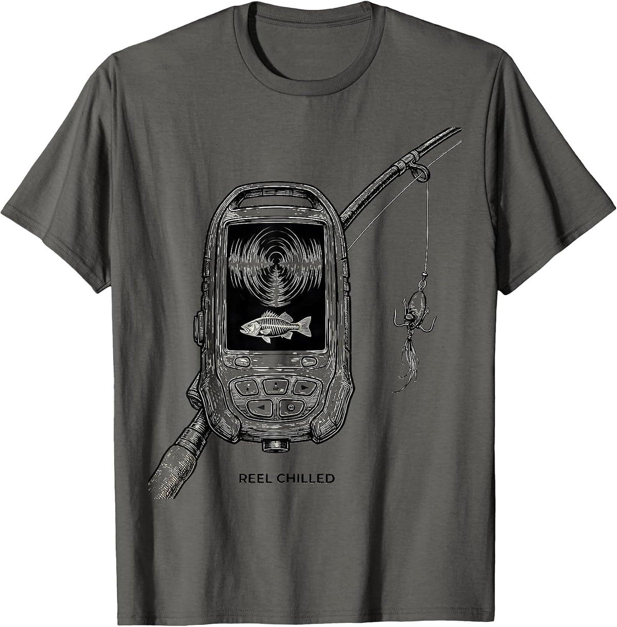 Reel Chilled Line Art Spooky Halloween Fishing Ghost T-Shirt - Asphalt Grey