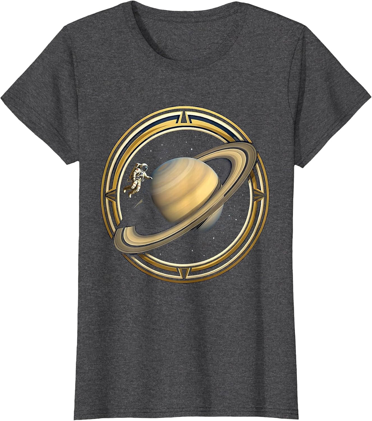 Women's Astronaut Silhouette Orbiting Ringed Planet T-Shirt - Dark Heather Grey