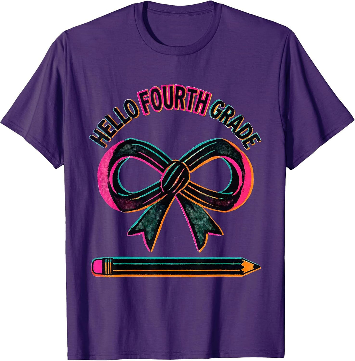 Hello Fourth Grade Cute Coquette Bow Back to School Pencil T-Shirt - Purple