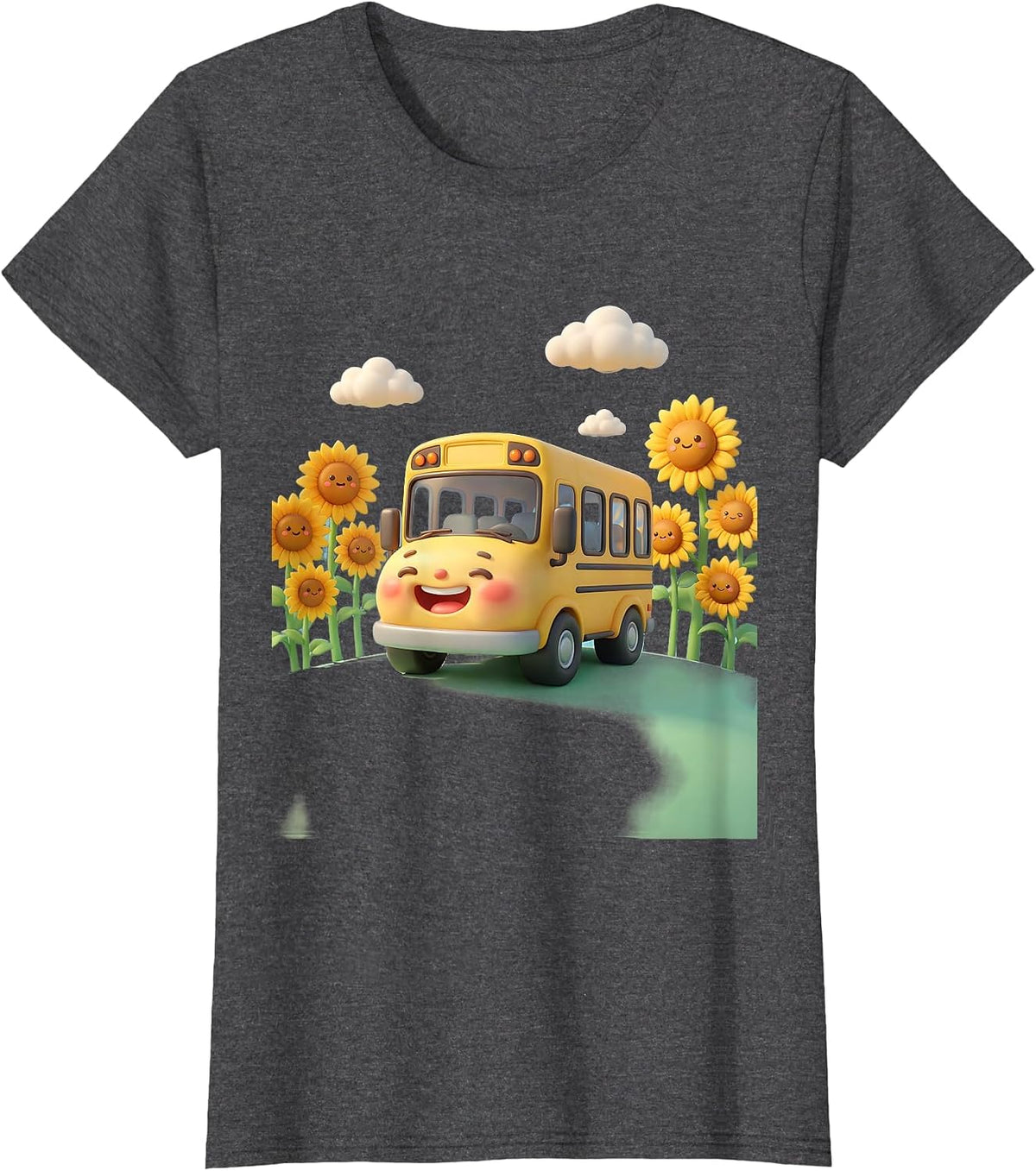 Women's Elementary Teacher School Bus Sunflower Field T-Shirt - Dark Heather Grey