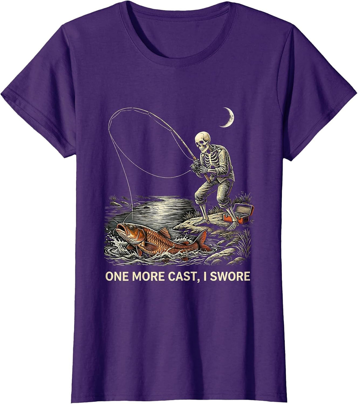 Women's One More Cast, I Swore Spooky Halloween Fishing Dad Gift T-Shirt - Purple
