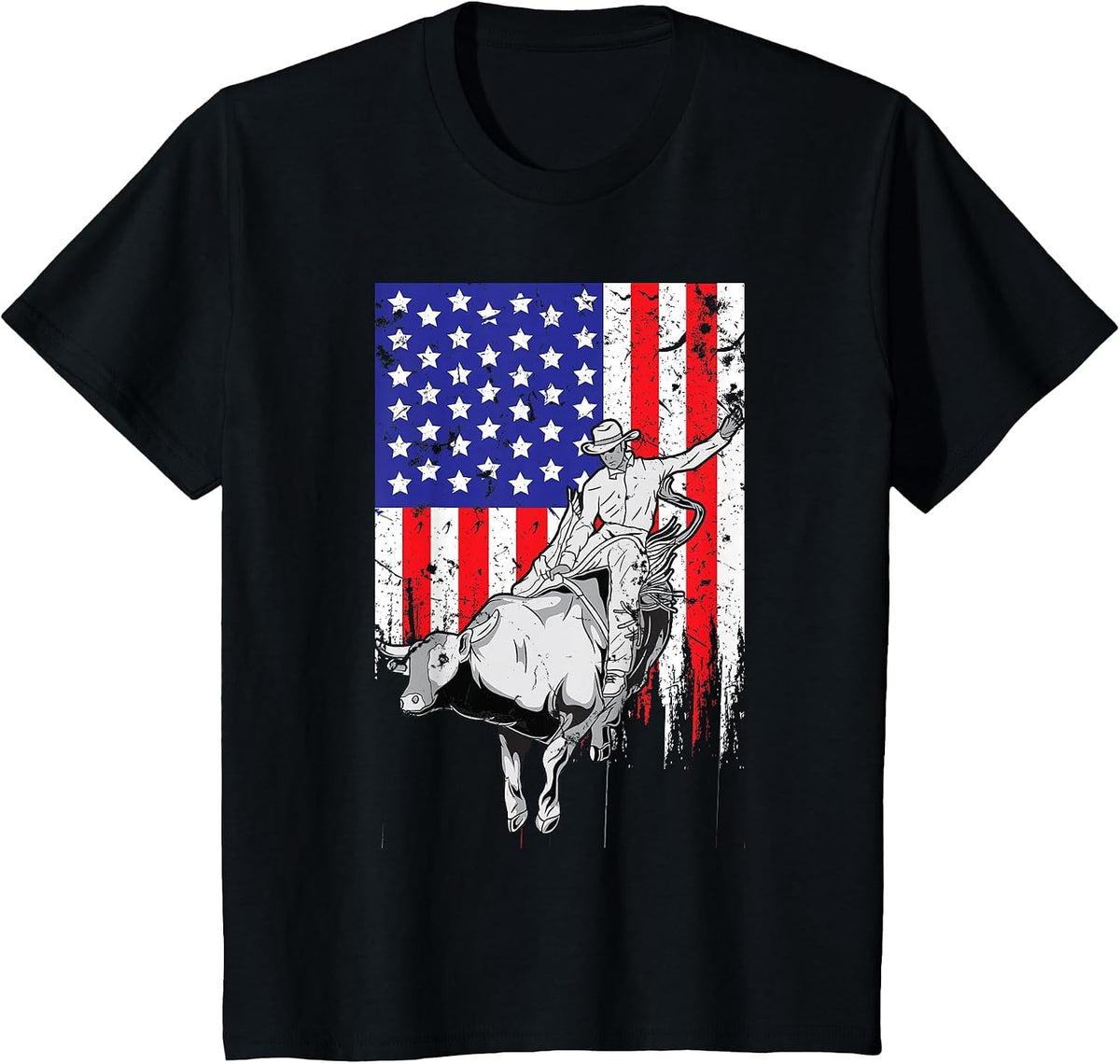 American Flag Bucking Bull Riding Patriotic Rodeo Rider T-Shirt - Black