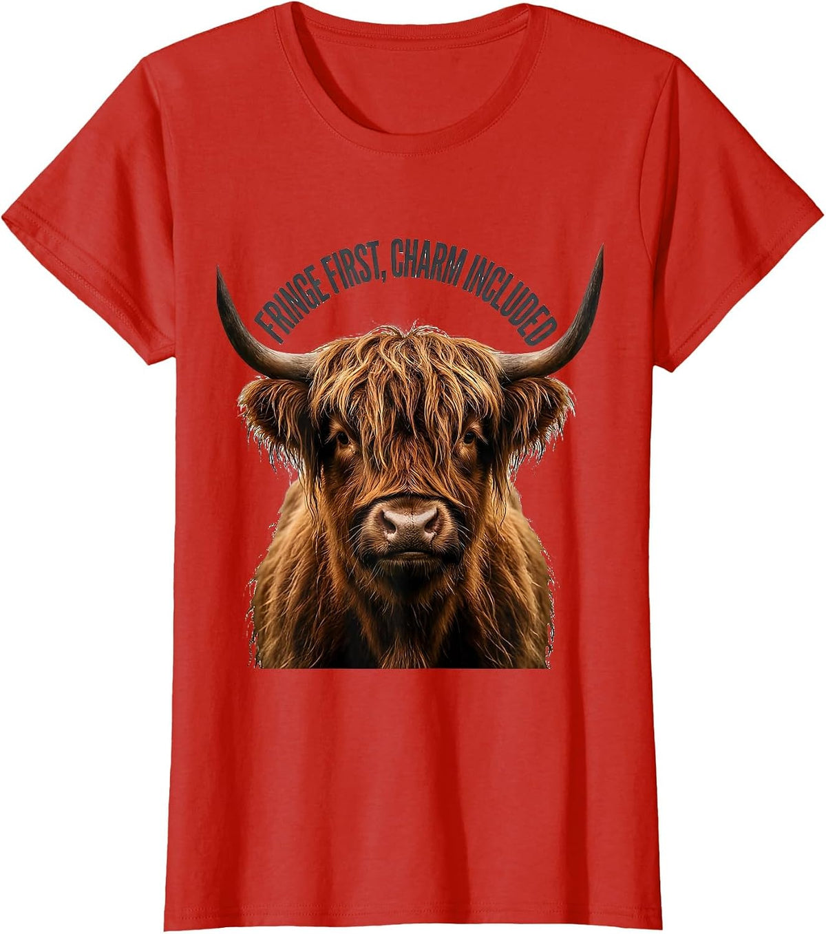 Fringe First Charm Included Cute Highland Cow Scottish Humor T-Shirt - Red