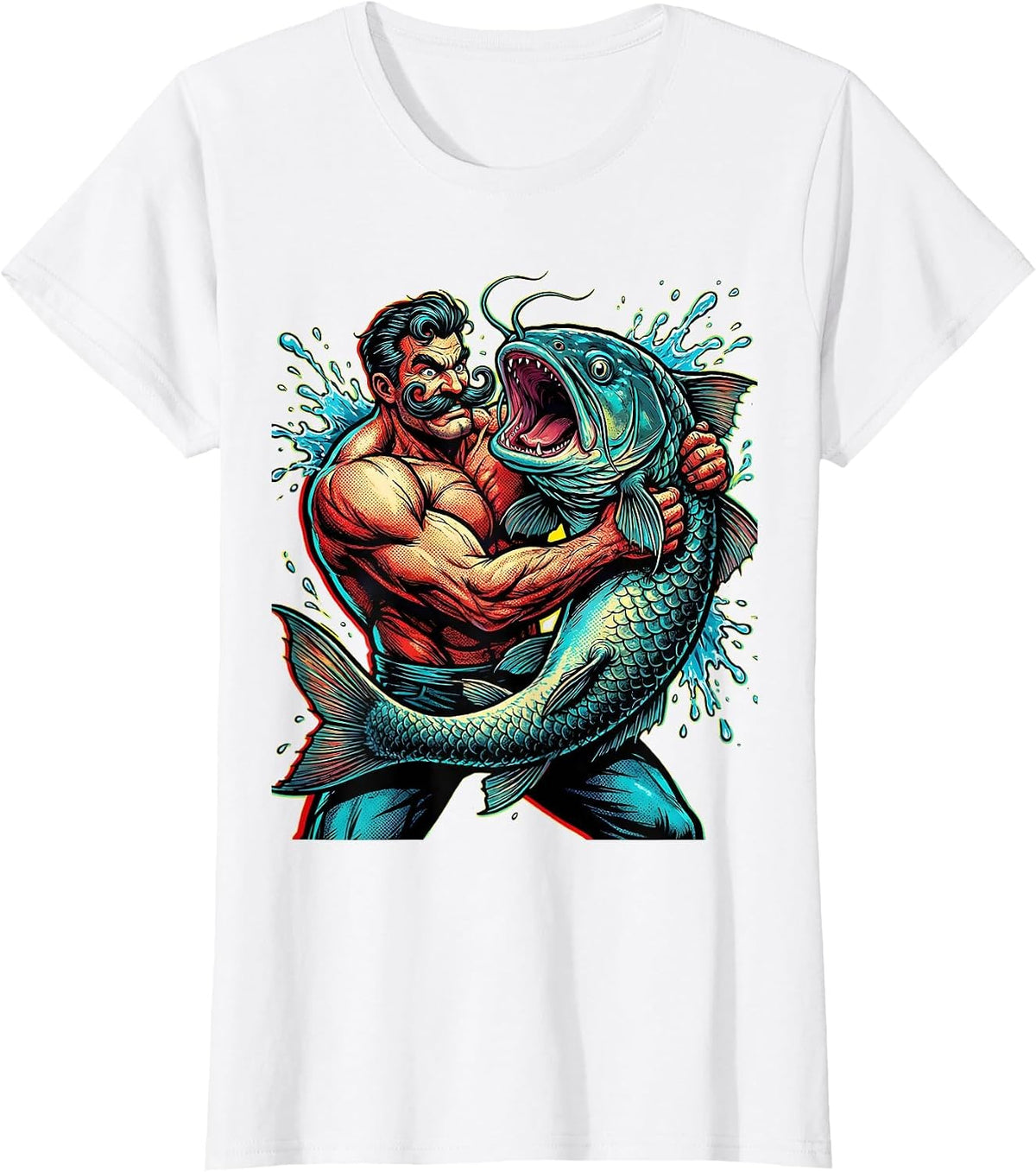 Women's Catfish Wrestling Mustached Fighter Novelty Graphic T-Shirt - White
