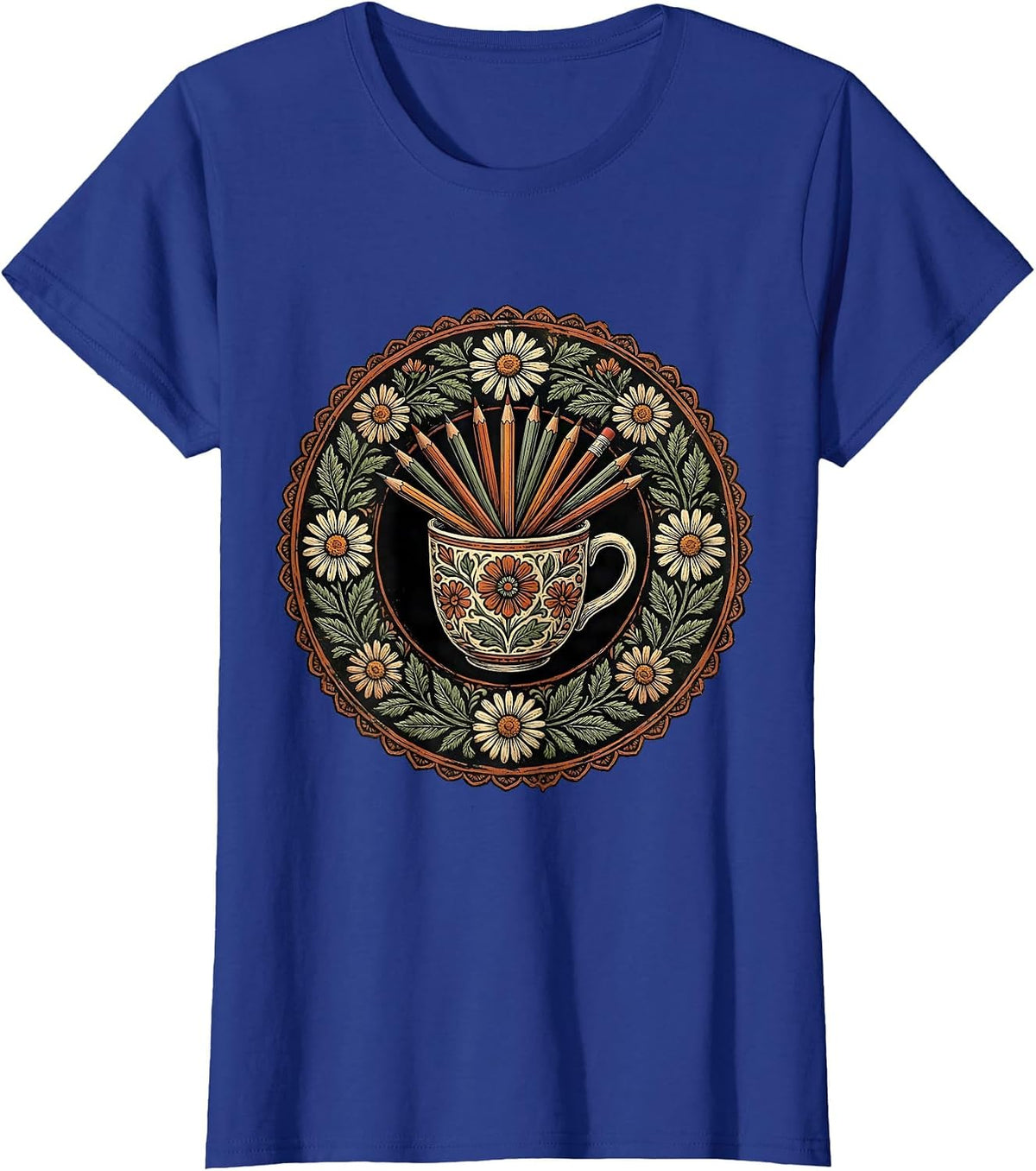 Women's Elementary Teacher Coffee Mug Pencils Graphic T-Shirt - Royal Blue