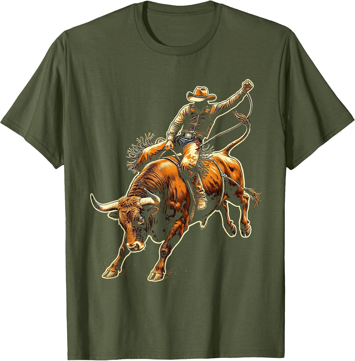 Men's Bull Rider Gripping Rope Mid-Buck Cowboy T-Shirt - Olive Green
