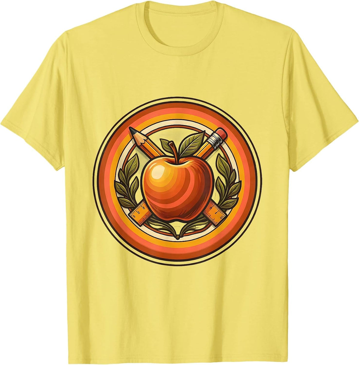 Men's Elementary Teacher Apple Pencil Ruler Graphic T-Shirt - Lemon Yellow