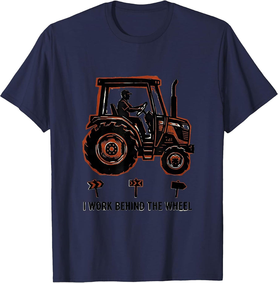 I Work Behind The Wheel Funny Truck Driver Linocut T-Shirt - Navy Blue