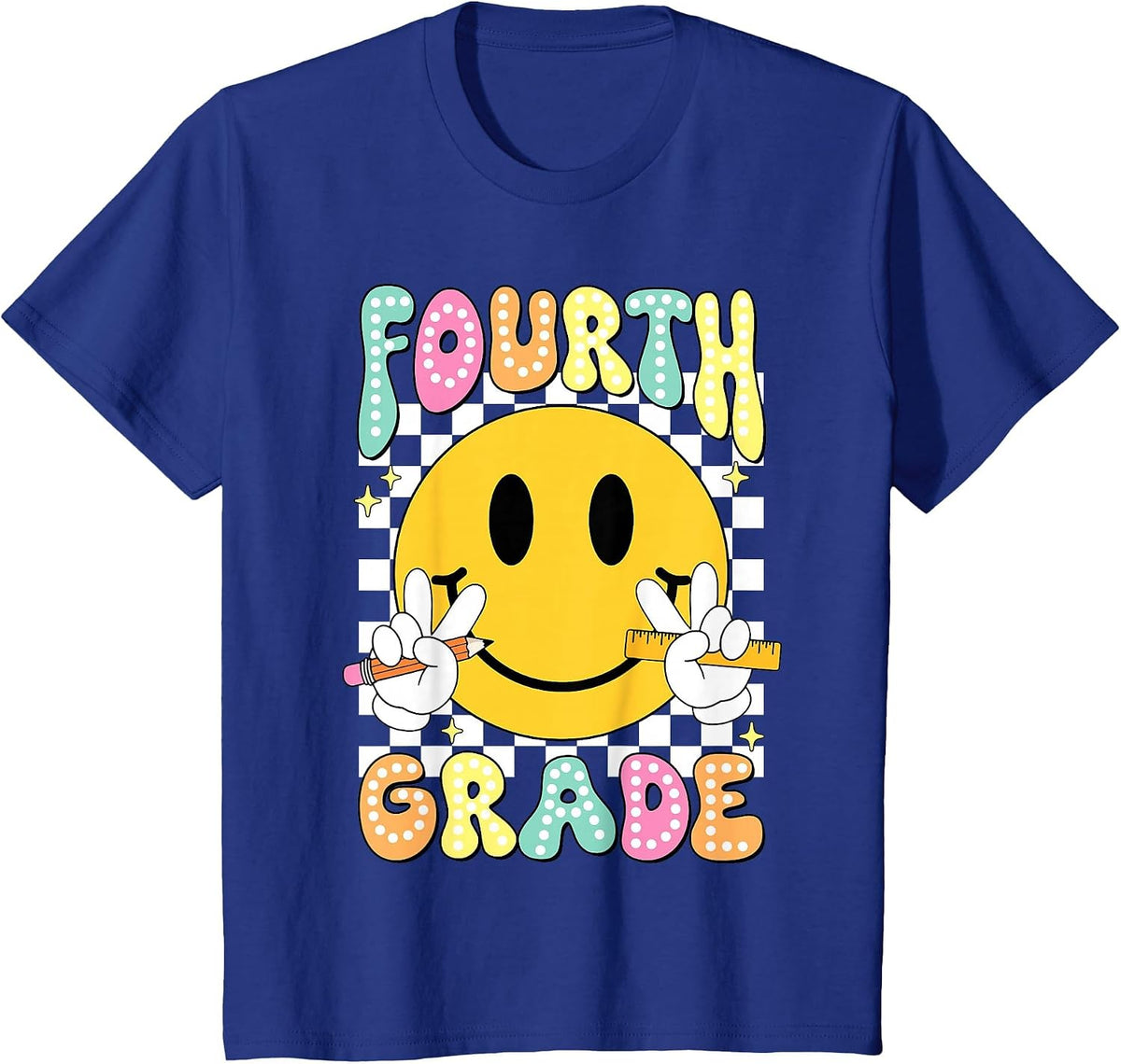 Hello Fourth Grade Smile Face Back to School Girls 4th Grade T-Shirt - Royal Blue