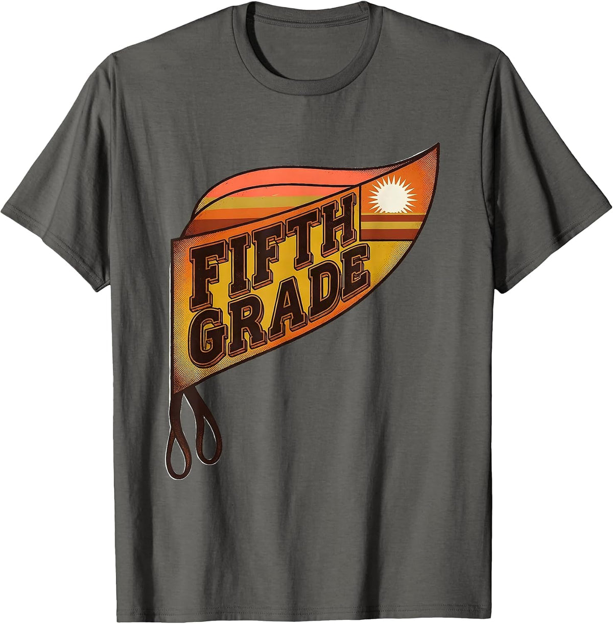 Fifth Grade Retro 70s Pennant Back to School Girl Teacher T-Shirt - Asphalt Grey