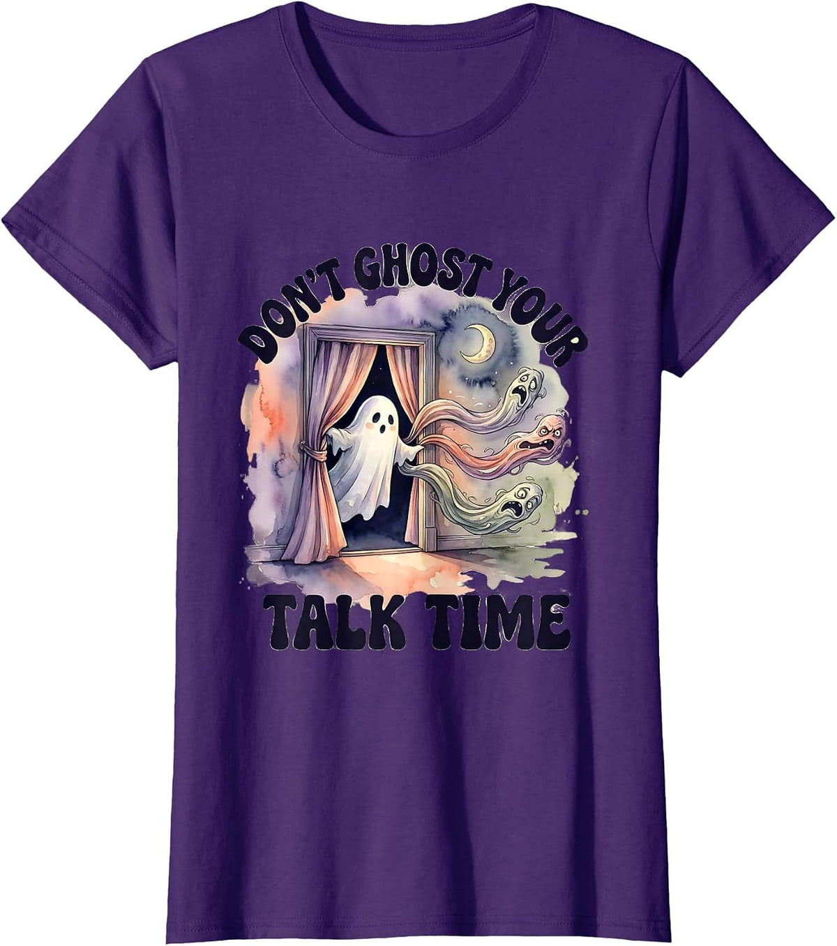 Women's Don't Ghost Your Talk Time Watercolor Ghost Mental Health T-Shirt - Purple