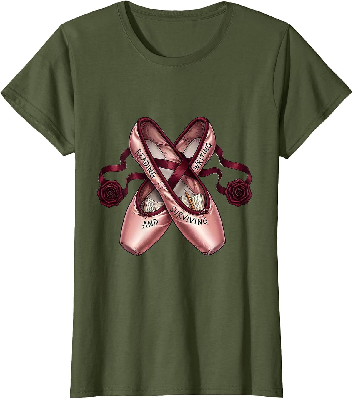 Women's Reading Writing and Surviving 4th Grade Teacher T-Shirt - Olive Green