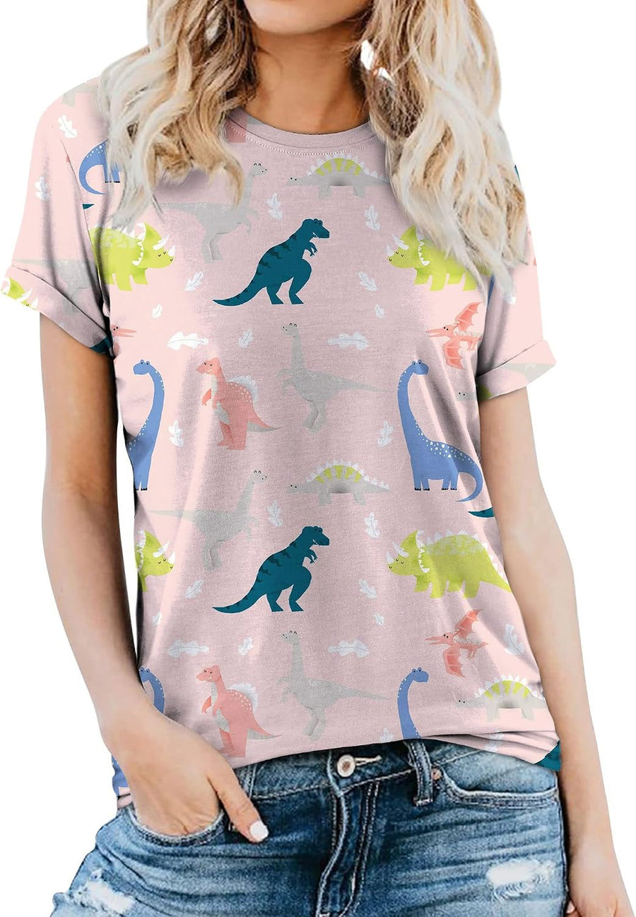 Dinosaur Shirt Women Cute Dino Graphic T-Shirt Loose Fit Tee Tops - B1-d-pink