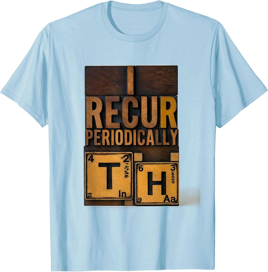 Men's I Recur Periodically Wood Type Letterpress Funny Chemistry T-Shirt - Baby Blue