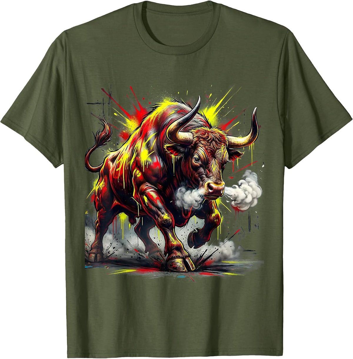 Angry Charging Bull with Steam Snorting Graphic T-Shirt - Olive Green