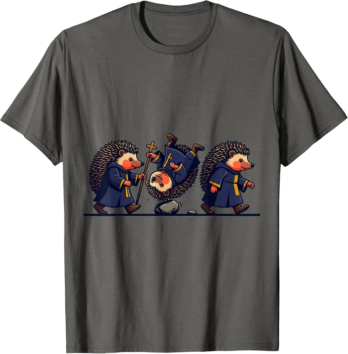 Hedgehog Pilgrims Tumbling Faith Mascot Logo T-Shirt - Asphalt Grey