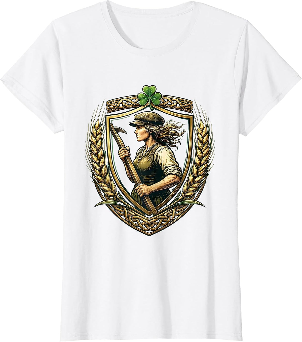 Irish Woman Farmer Plow Illustration T-Shirt - White