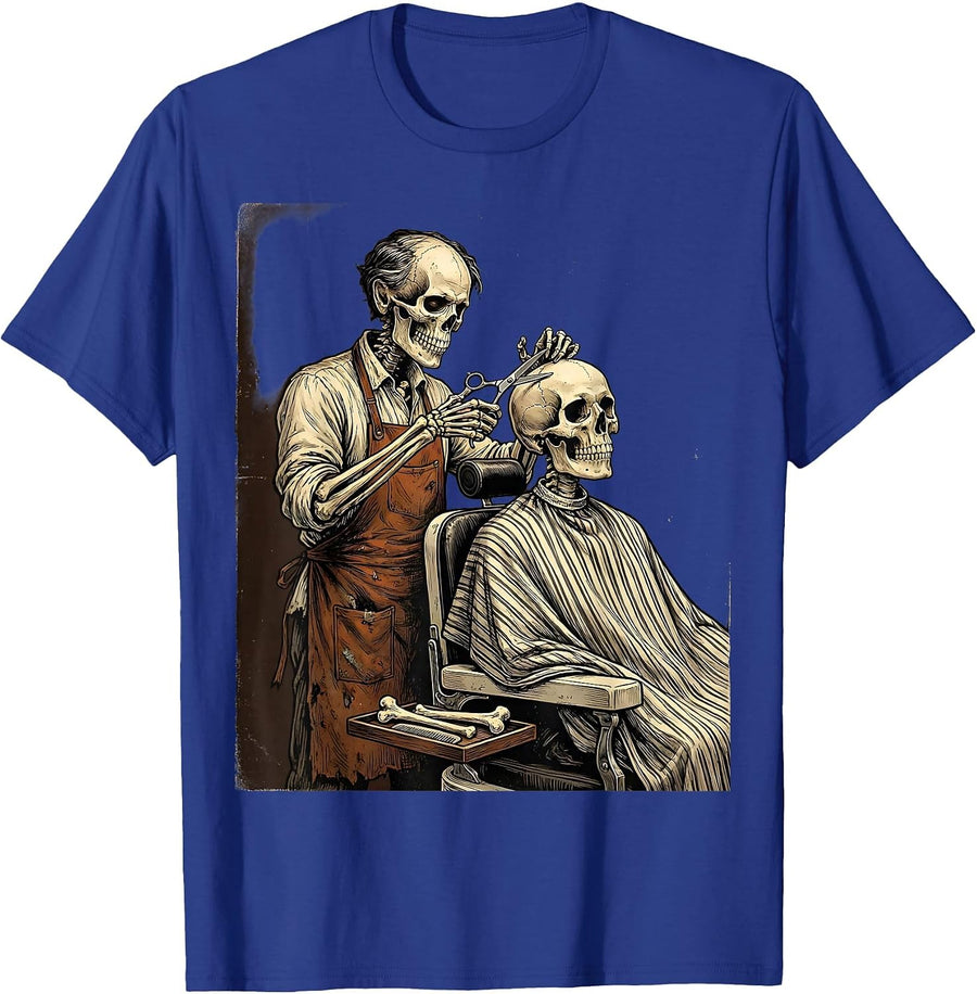 Skeleton Barber Haircut Funny Halloween Graphic T-Shirt - Royal Blue