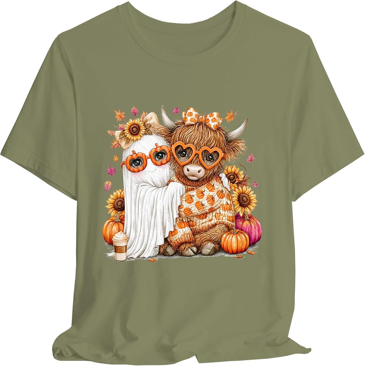 Highland Cow Shirt Cut Sunflower Highland Cow Shirt V Neck - Crewneck Green-halloween2