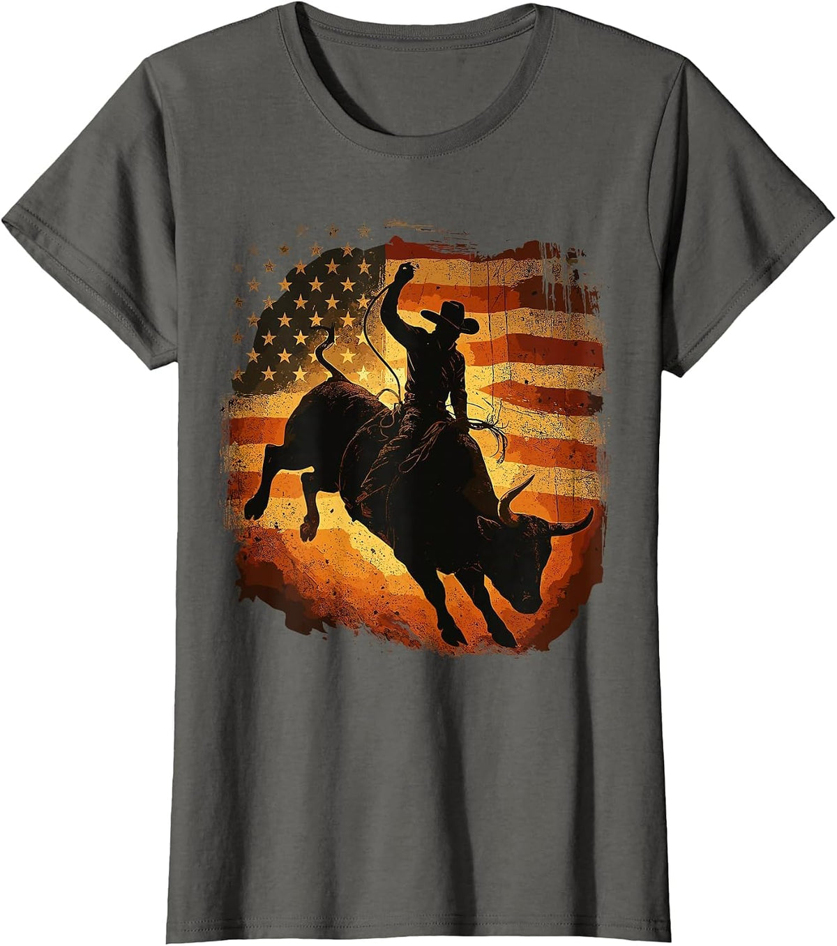 Cowboys American Flag Rodeo Rider Bull Patriotic T-Shirt - Asphalt Grey