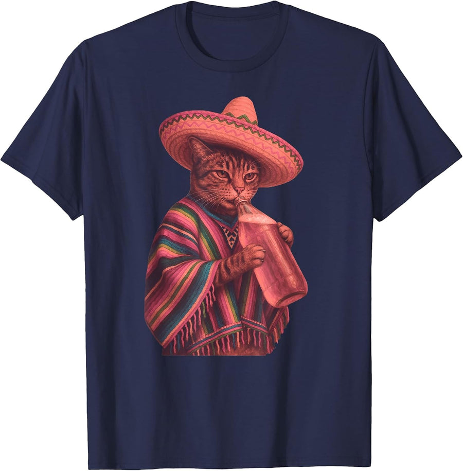 Funny Cat Sombrero Mexican Cinco De Mayo Beer 40 Oz Poncho T-Shirt - Navy Blue
