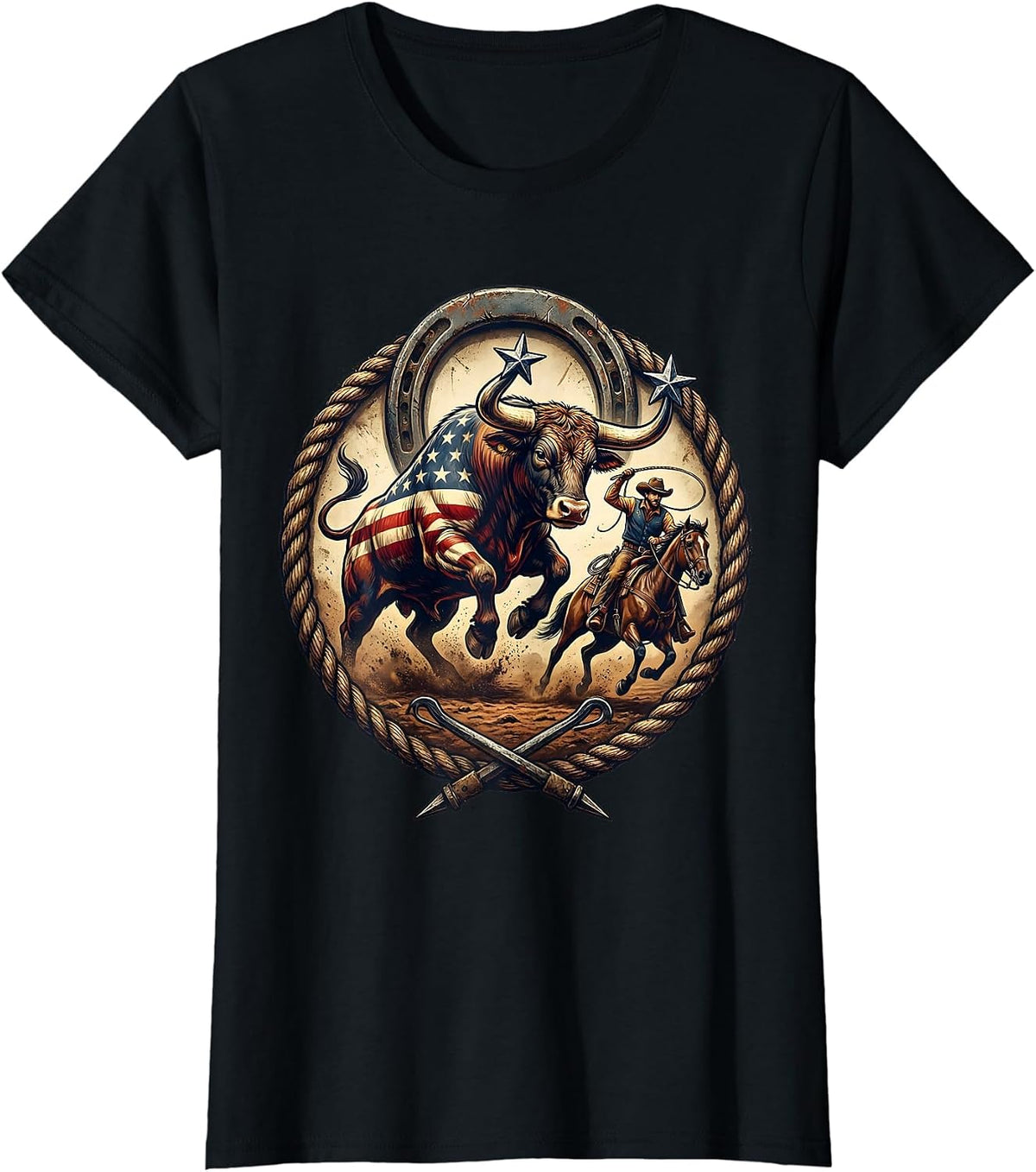Bull Riding Rodeo Cowboy Graphic Tee T-Shirt - Black