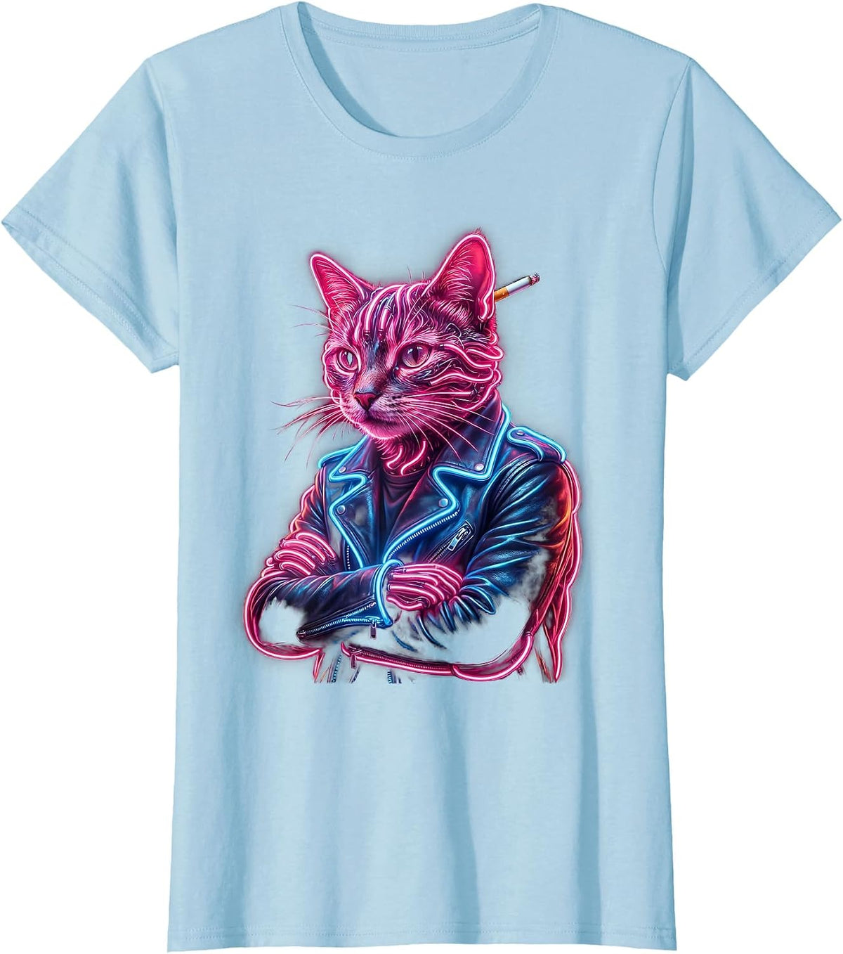 Cool Cat in Leather Jacket Graphic Tee T-Shirt - Baby Blue